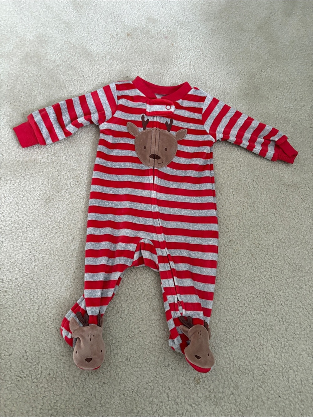 Carter's Red & Gray Striped Reindeer Footed One-Piece
